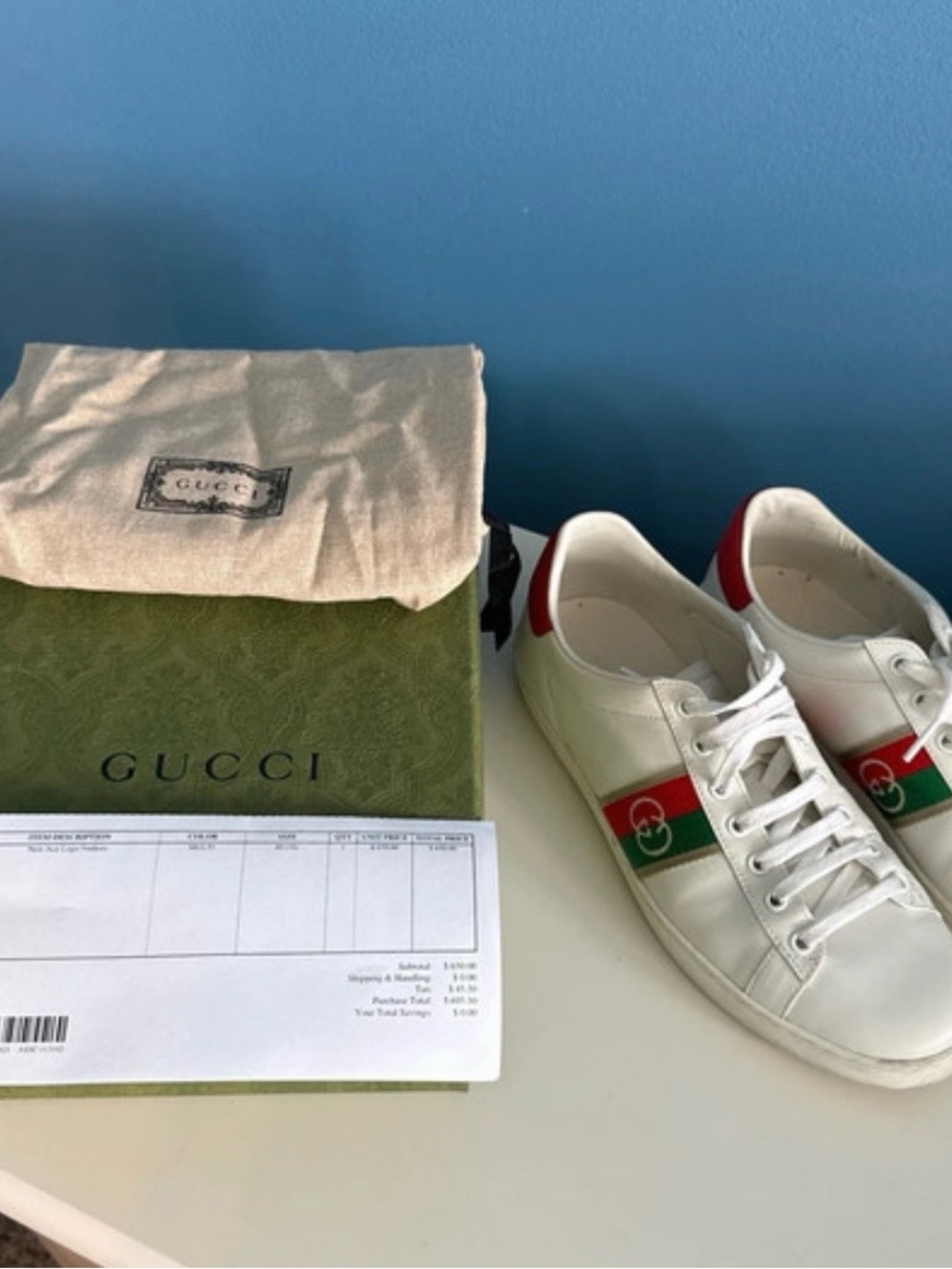 Gucci White Leather Ace Sneakers with Red & Green Web